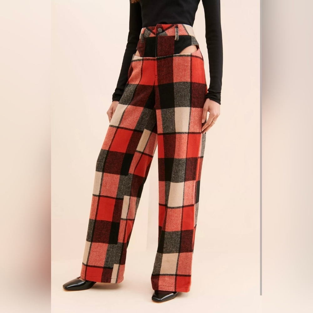 AFRM - Plaid Wide-Leg Pants - Orange, Black And Cream 🍁